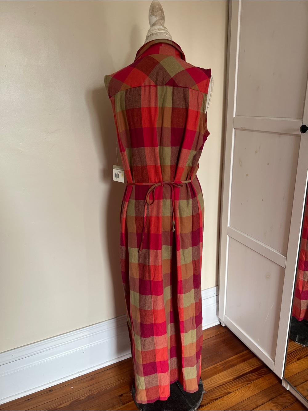 NWT Vintage Teddi Plaid Sleeveless Maxi Shirt Dress Red Tan Button Front XL - Picture 5 of 12